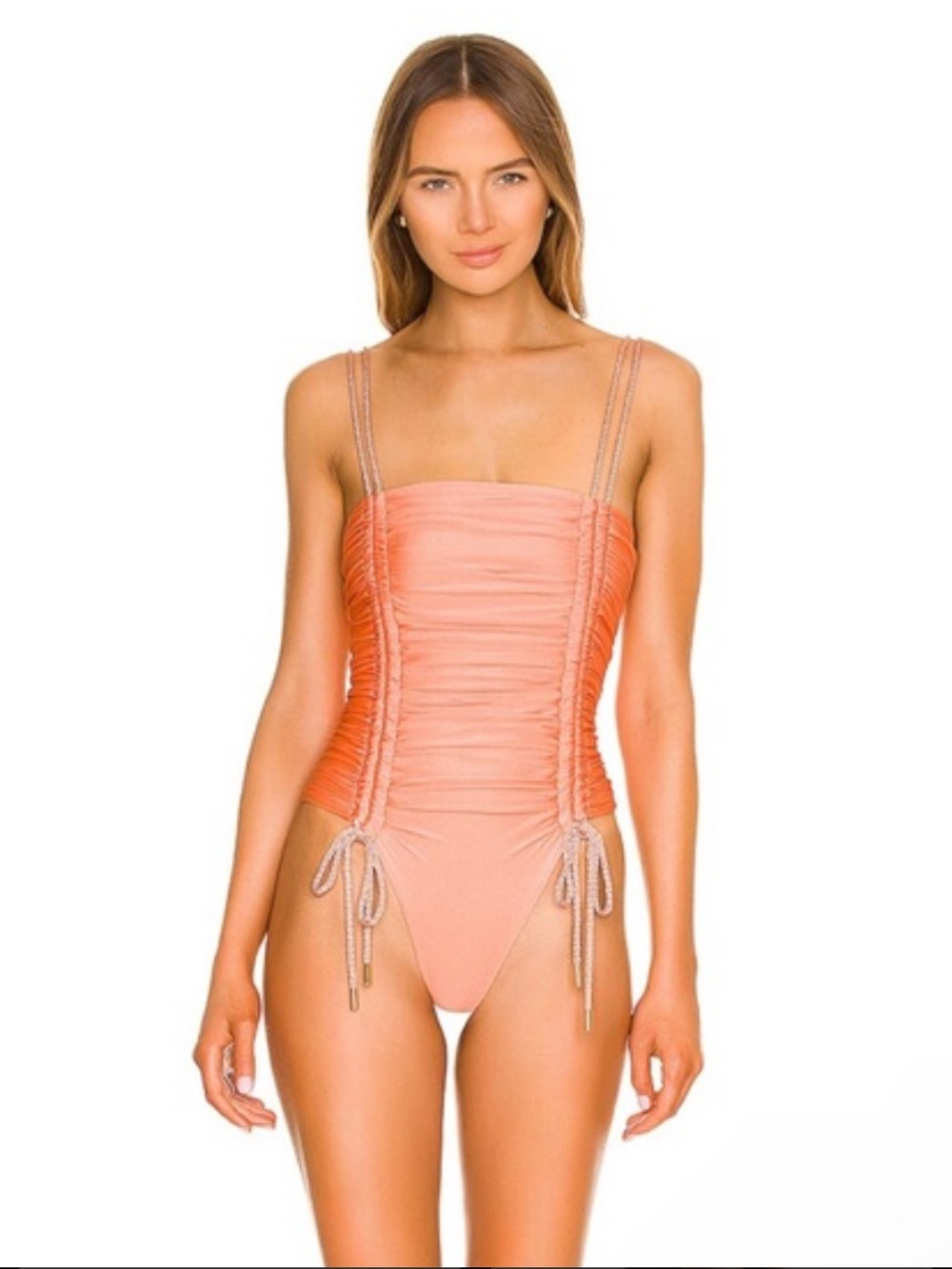 Baobab Collection Orange Ruched One-Piece Swimsuit with Rope Straps